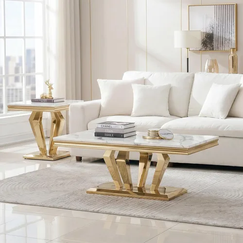 Vista 6 de Mesa auxiliar de mármol de 47 pulgadas, moderna mesa central de mármol sintético blanco con base de espejo dorado en forma de diamante, mesa Blanco