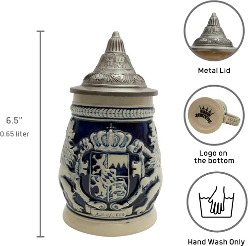 Vista 3 de 0,65 litros OktoberfestHaus Regalos alemanes para hombres pintados a mano Stein Bayern Escudo de armas con tapa de metal Jarras de Cerveza y Jarra