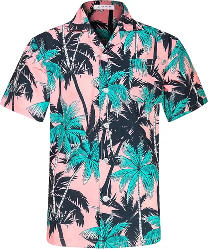 Vista 3 de BOJIN Camisas hawaianas de manga corta con botones para hombre, camisas casuales de verano, estampado floral tropical, camisas de playa Aloha
