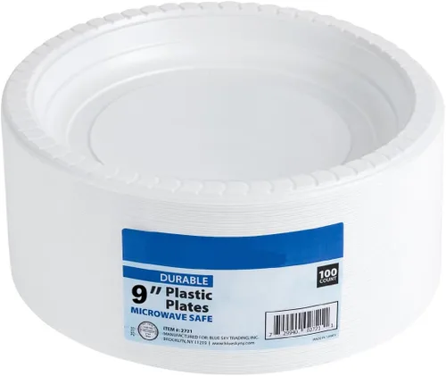 Vista 2 de Blue Sky Platos de plástico blanco de 9 pulgadas, 100 unidades, platos de plástico desechables, aptos para microondas, perfectos para fiestas