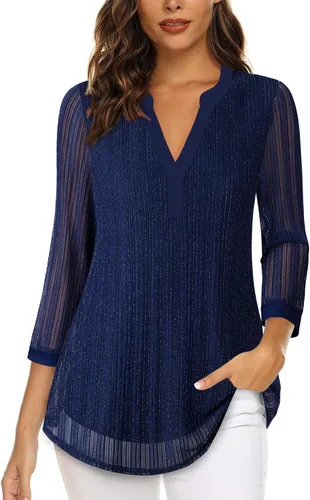 Vista 14 de Timeson - Blusas de manga de 3/4 para mujer, estilo casual, con cuello en V, camisas largas de vestir de doble capa, de malla Negro