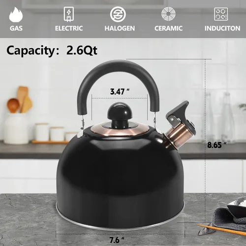 Vista 7 de Hervidor de Té, Hervidor de Té Silbante para Estufa de 2.6 Cuartos, Teteras para Estufa de Acero Inoxidable Grado Alimentario, Mango