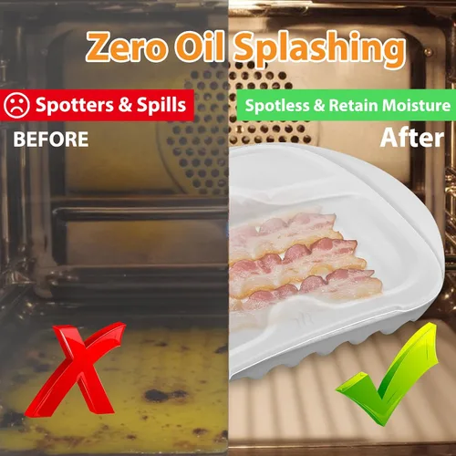 Vista 4 de Bandeja para microondas con tapa, cocinador de tocino para microondas, diseño eficiente de drenaje de aceite para tocino más saludable y crujiente