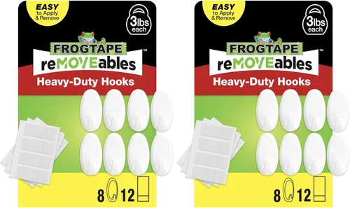 Vista 14 de FrogTape reMOVEables Ganchos de pared resistentes, 8 ganchos y 12 tiras, soporta hasta 3 libras, sin daños, fácil de quitar y reutilizar, gancho