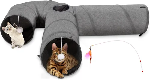Vista 10 de Ownpets Túnel para gatos, túnel plegable de 3 vías, tubo para gatos de 47 pulgadas de largo con bola de felpa y juguete de plumas, túnel de juego