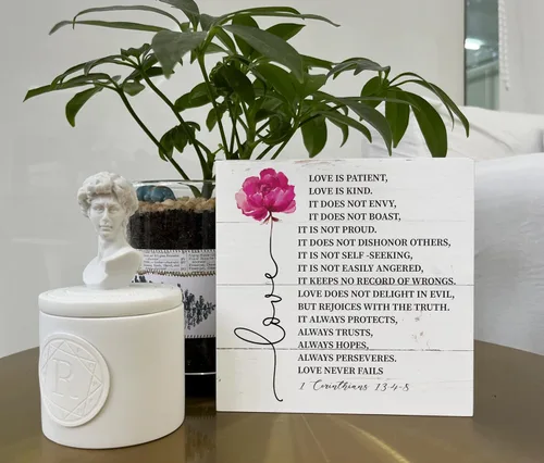 Vista 5 de Letreros de madera cristianos, letreros de madera con versículos bíblicos 1 Corintios 13:4-8, letreros de caja para decoración de mesa, decoración