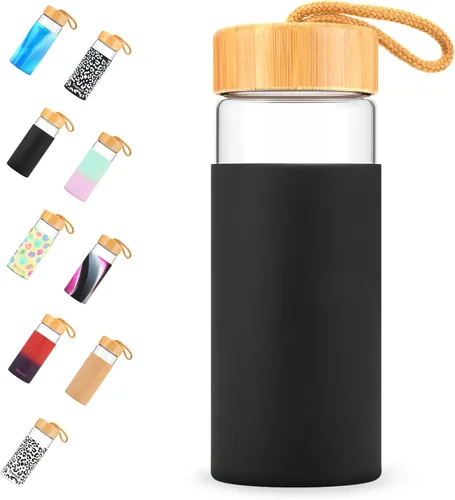 Vista 9 de Tronco Botellas de agua de vidrio de 20 onzas con tapas, botellas de vidrio de borosilicato reutilizables con tapa de bambú y funda de silicona