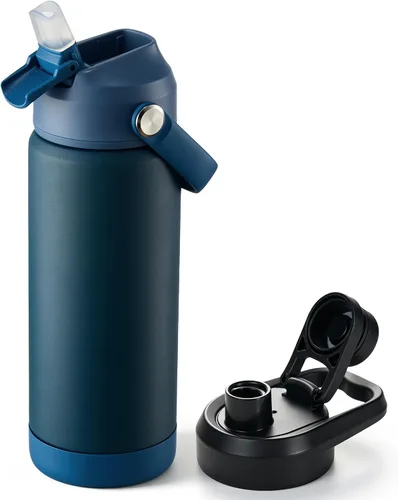 Vista 65 de Fijinhom Botella de agua aislada de 18 onzas con 2 tapas, botellas de agua de acero inoxidable, aspiradora de doble pared, mango portátil y parte
