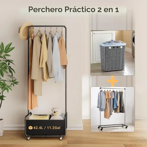 Vista 4 de Dunatou Perchero pequeño con ruedas y cesta inferior – Perchero resistente para espacios pequeños, perchero con ruedas para espacios pequeños