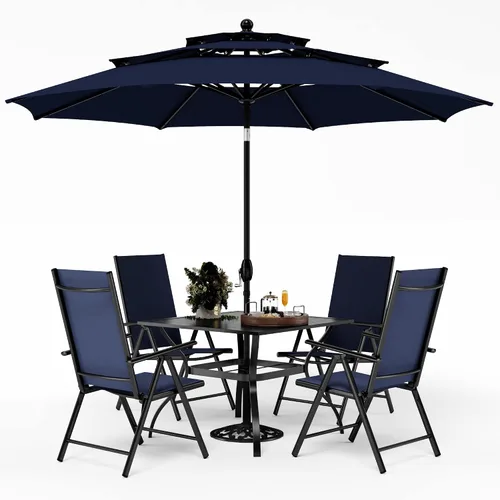Vista 14 de PHI VILLA Juego de comedor de patio de 5 piezas con sombrilla de 10 pies (beige), juego de mesa y sillas para exteriores con sillas de comedor