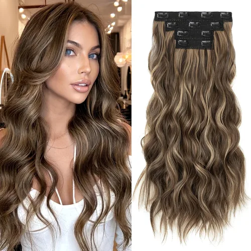Vista 19 de REECHO Extensiones de cabello con pinza, 4 piezas de extensiones de cabello rubio de 24" de largo, ondas de playa gruesas, HE003, trama de encaje