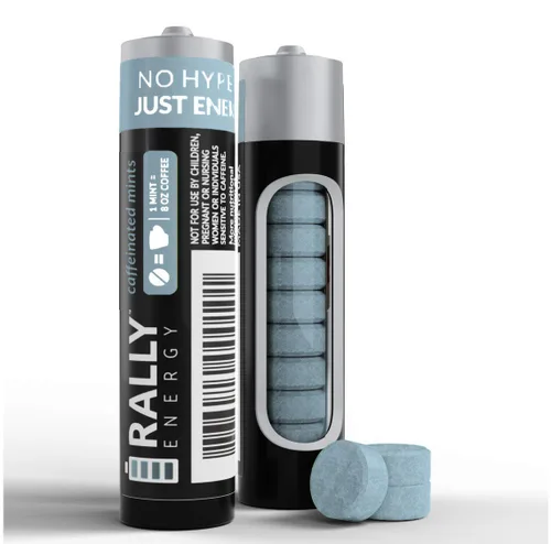 Vista 2 de Mentas con cafeína de Rally, 60 miligramos de cafeína, energía instantánea, mentas con cafeína de aliento fresco, 0 azúcar, canela y sabor natural