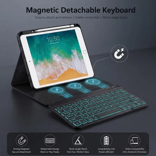 Vista 2 de Funda de teclado retroiluminada para iPad de 9.7 pulgadas 2018 (6ª generación) / iPad 2017 (5ª generación) / iPad Air 2/1, teclado inalámbrico Negro