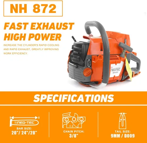 Vista 2 de NEO-TEC NH872 Motosierra a gas 71 cc 5.3 HP Motosierra de gasolina Motosierra de Gasolina Cabezal de potencia para barra de 24/28 pulgadas
