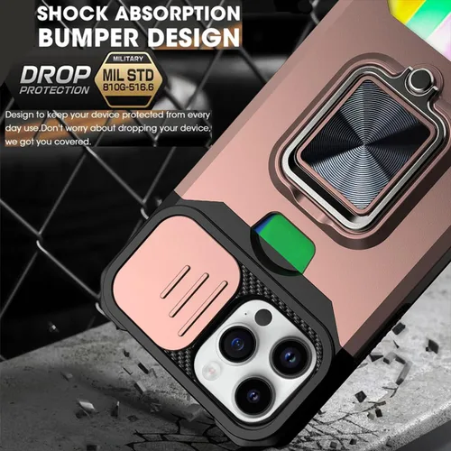 Vista 4 de Funda para iPhone 14 Pro con protector de pantalla, soporte para tarjetas, soporte para soporte, resistente, delgada, a prueba de golpes, híbrida