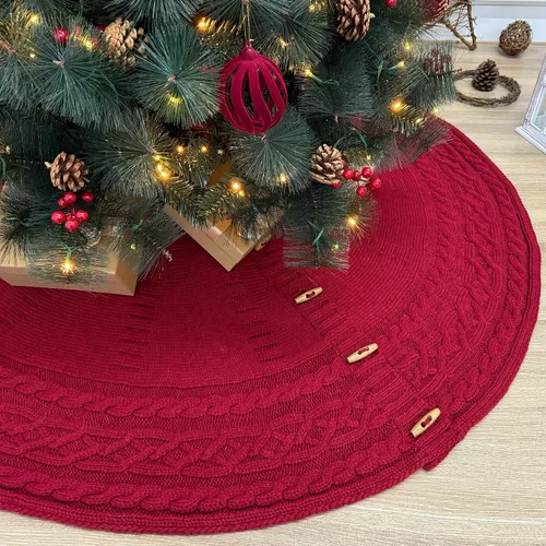 Vista 16 de 36-Inch Cable Sweater Knit Christmas Tree Skirt with Wooden Toggles, Burgundy