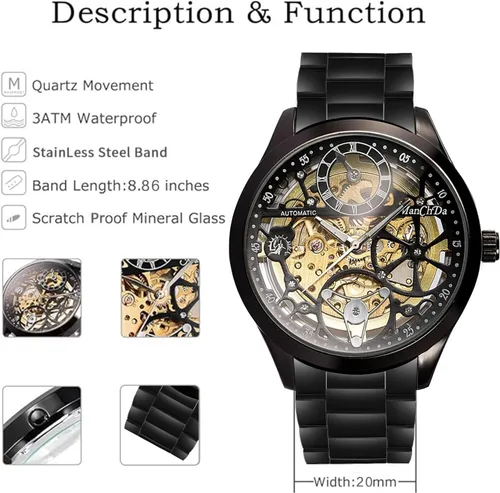Vista 6 de ManChDa Automatic Mens Watch Mechanical Wrist Watch for Men Skeleton Waterproof Watch