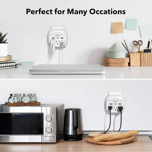 Vista 7 de BN-LINK Paquete de 2 extensores de salida de enchufe múltiple, 3 salidas de pared con 3 puertos USB (1 USB C), adaptador de carga para dormitorio