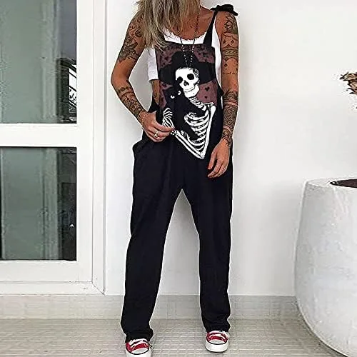 Vista 2 de Akivide Halloween Skeleton Print Overalls Women Halloween Skull Print Causal Strap Long Pants Jumpsuits for Women