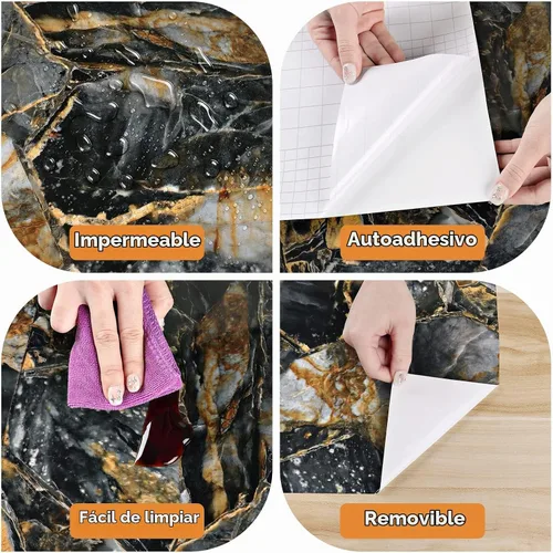 Vista 8 de Wallercity Papel tapiz de mármol negro y dorado brillante para encimeras de salpicaduras, autoadhesivo, impermeable, papel de contacto de mármol