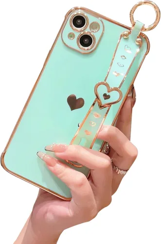 Vista 15 de Lindo corazón de amor para niñas mujeres lujo chapado borde parachoques suave TPU a prueba de golpes caso con soporte de pulsera para iPhone Negro