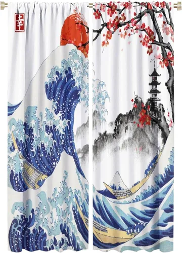 Vista 14 de Koi Fish - Cortinas opacas para cocina, estilo japonés, románticas, con estampado de flores de cerezo, con bolsillo para cortinero, cortinas opacas