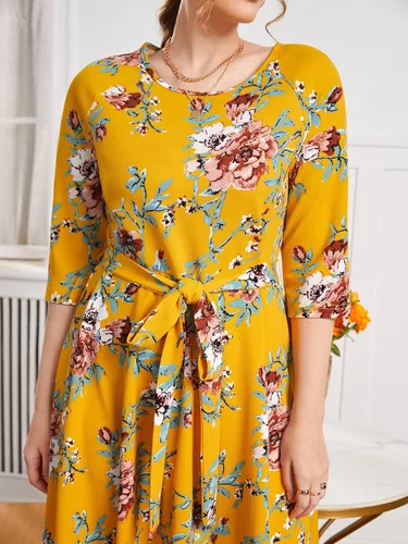 Vista 5 de WDIRARA Vestido acampanado con estampado floral y cuello redondo para mujer talla grande con cinturón acampanado Verde menta
