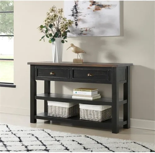 Vista 5 de Martin Svensson Home Mesa consola de sofá de madera maciza, color negro con tapa marrón