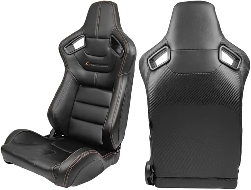 Vista 2 de IKON MOTORSPORTS, Par de asientos universales de carreras con deslizadores dobles, color negro con puntada naranja PU y cuero de carbono