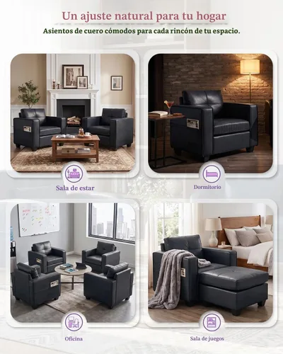 Vista 6 de Silla decorativa de piel sintética negra, sillón copetudo de gran tamaño para sala de estar Negro