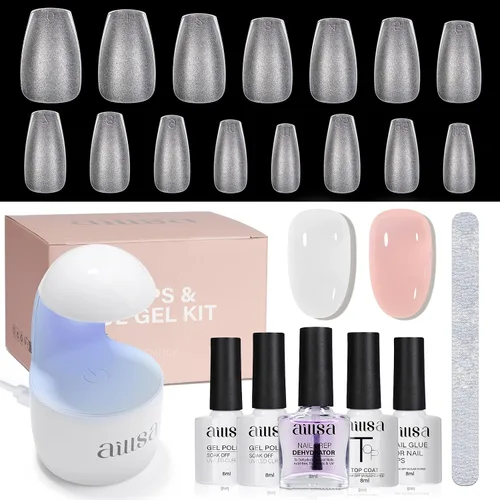 Vista 13 de AILLSA Kit de uñas almendra con lámpara UV, 240 piezas de puntas de uñas cortas de gel y kit de pegamento en gel con pegamento de uñas 2 en 1, capa