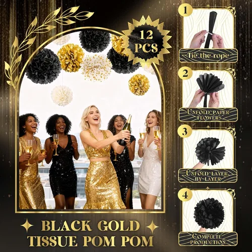 Vista 7 de NICROLANDEE Suministros de fiesta negros y dorados para graduación 2026, 12 pompones de tejido de 12 pulgadas decorativos para graduación, boda
