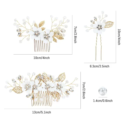 Vista 6 de Dizila 20 piezas de diamantes de imitación para novia, boda, fiesta, graduación, perlas, doradas, flores blancas, peines laterales