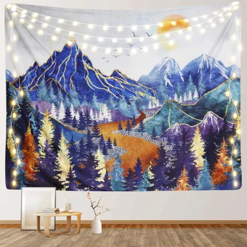 Vista 8 de RosieLily Tapiz de montaña, 51 x 59 pulgadas, acuarela natural, bosque brumoso y paisaje de puesta de sol para dormitorio