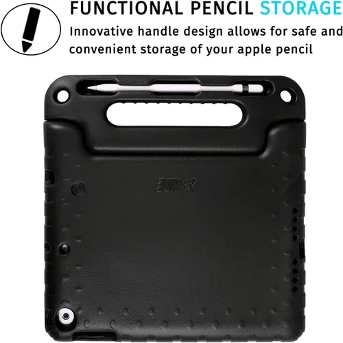 Vista 5 de HDE Funda para iPad de 9ª generación de 10.2 pulgadas para niños con protector de pantalla integrado a prueba de golpes con soporte de asa para Negro