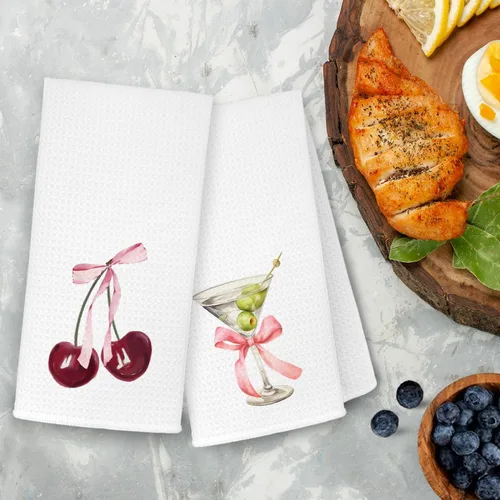 Vista 4 de Juego de 2 toallas de cocina de cerezo con lazo rosa, lindas toallas de mano de cóctel de Martini sucio, toallas de cocina rosas para fiesta de té