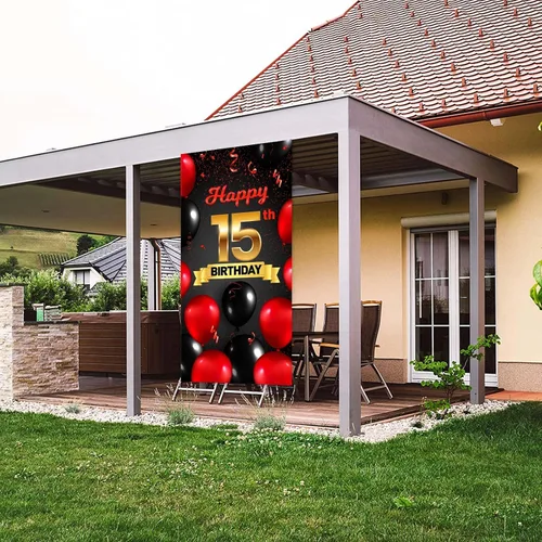 Vista 6 de Cartel de feliz cumpleaños 15 cumpleaños rojo y negro telón de fondo para cabina de fotos, globos de vítores a 15 años de edad, decoración temática