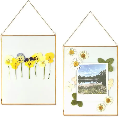 Vista 14 de Beedecor Juego de 2 marcos colgantes de vidrio doble para flores prensadas, hojas y obras de arte, marco flotante de metal grande con cadena, marcos