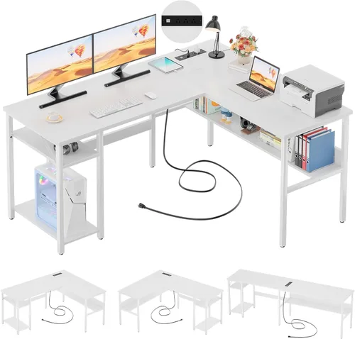 Vista 9 de Unikito Escritorio reversible en forma de L con tomas de corriente mágicas y puertos de carga USB, escritorio de esquina para computadora resistente