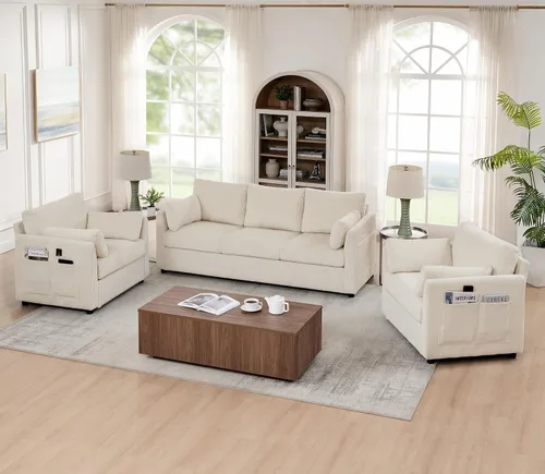 Vista 7 de Mofolit - Juego de sofás para sala de estar, sofás de corduroy de 3 plazas y silla individual, sofás para apartamentos y espacios pequeños