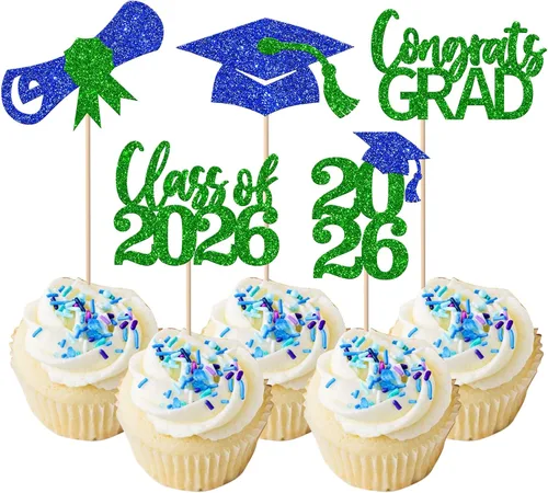 Vista 60 de Paquete de 24 adornos para cupcakes de clase de 2026 con purpurina 2026 para diploma de graduación 2026, selecciones para cupcakes para graduación