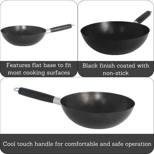 Vista 2 de IMUSA Wok antiadherente de acero al carbono de 9.5 pulgadas con mango de tacto frío, color negro Mango de tacto fresco, ideal para salteados