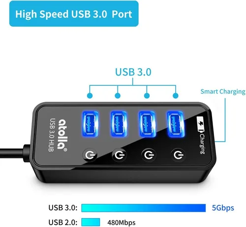 Vista 2 de Atolla Hub USB 3.0 de 4 puertos con 4 puertos de datos, 1 puerto de carga inteligente, interruptores individuales de encendido/apagado y adaptador