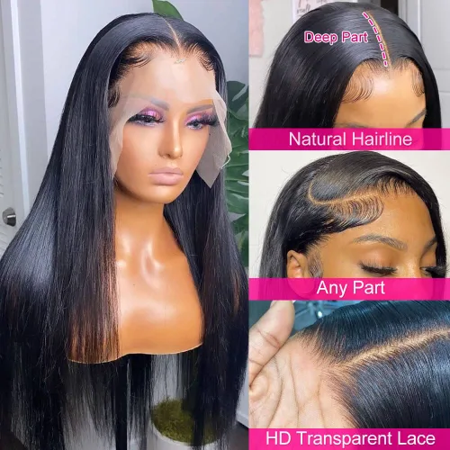 Vista 2 de mengkai Pelucas de cabello humano de 32 pulgadas con encaje frontal de 13x6, cabello humano predesplumado liso, peluca frontal de encaje HD