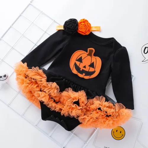 Vista 3 de HUAANIUE Disfraz de princesa para bebé, disfraz de calabaza con diadema, fiesta de cumpleaños de Halloween