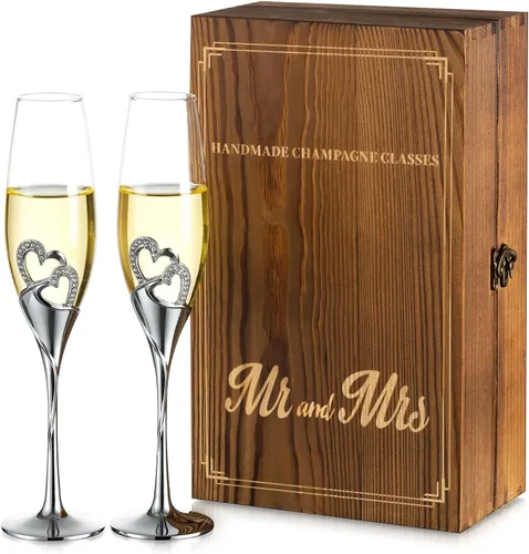 Vista 10 de NUPTIO - Copas de champán de cristal, regalos de boda para parejas, dorado, juego de 2