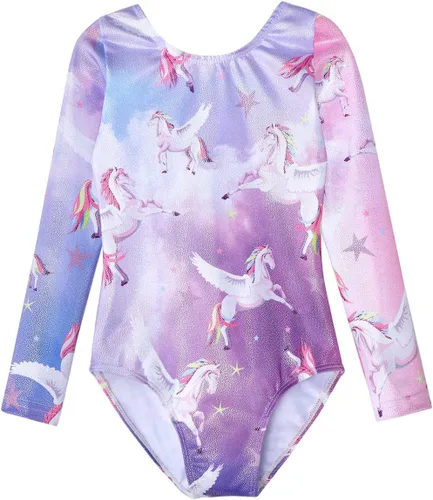 Vista 127 de HOZIY - Leotardos de manga larga para niñas, de gimnasia, para niños pequeños, trajes florales de unicornio, galaxia, arco iris, patrón de rayas
