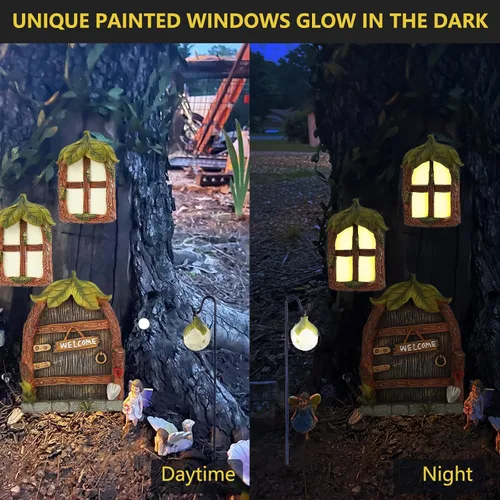 Vista 5 de Accesorios de jardín de hadas en miniatura, puerta y ventanas para árboles, escultura de patio que brilla en la oscuridad, adorno de césped, mini