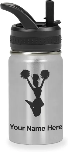 Vista 46 de LaserGram Botella de agua con tapa abatible de doble pared de 12 onzas con pajita, animadora, grabado personalizado incluido (negro)
