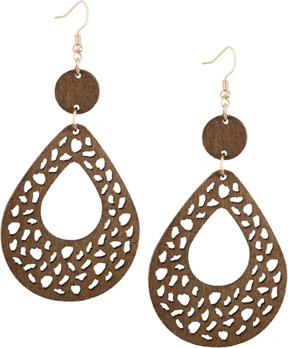 Vista 13 de Bohemian Hollow Cut-Out Wood Leather Dangle Drop Earrings, Boho Chic Hippie Statement Jewelry Gift for Women S01A